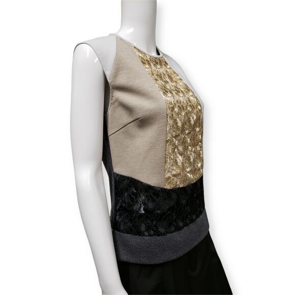 DEREK LAM Gold White Colorblock Gray Wool Blend Lace Vest Sweater Size 6 IT 42 - Picture 2 of 6